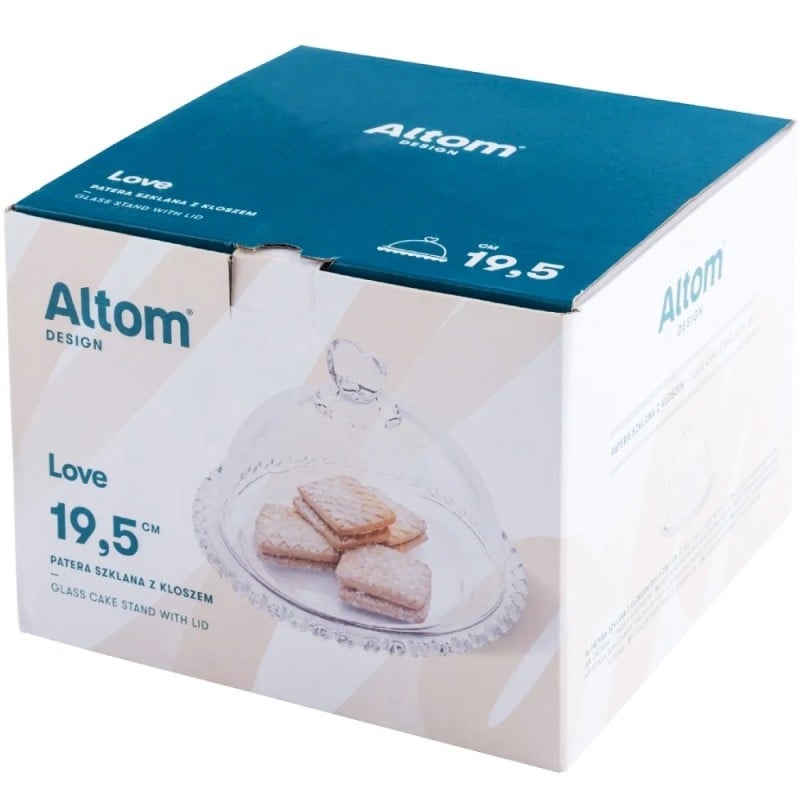 Patera 19 cm z pokrywą talerz szklany duży Altom Love serduszka na ciasto deser
