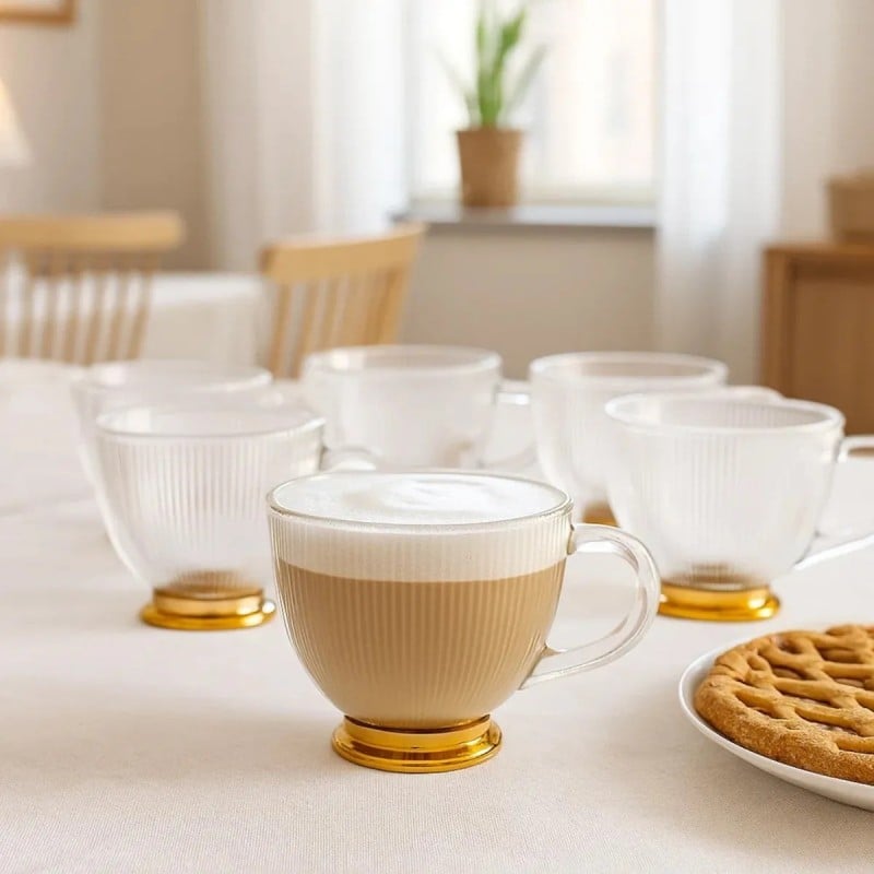 Filiżanki z uchem na złotej stopce do kawy i herbaty 430 ml zestaw 6 szt Altom Design Selena