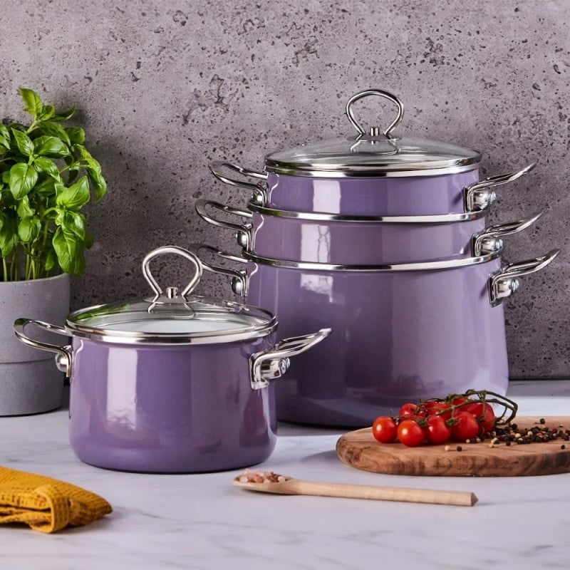 Garnki emaliowane z pokrywkami Altom Izydor zestaw 4 garnków emaliowanych wrzosowe