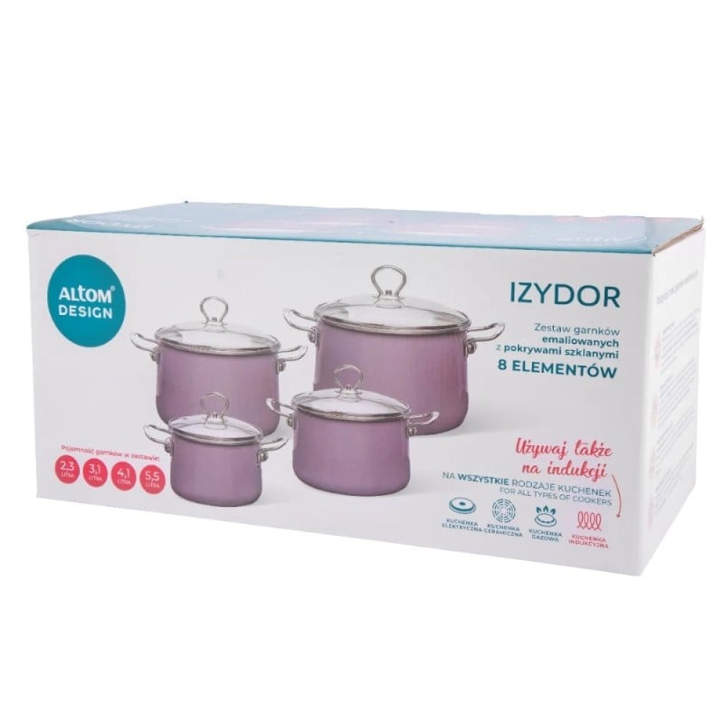 Garnki emaliowane z pokrywkami Altom Izydor zestaw 4 garnków emaliowanych wrzosowe