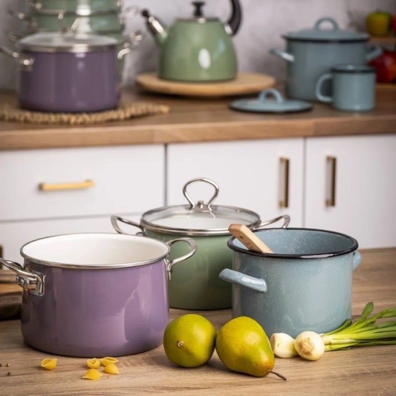 Garnki emaliowane z pokrywkami Altom Izydor zestaw 4 garnków emaliowanych wrzosowe