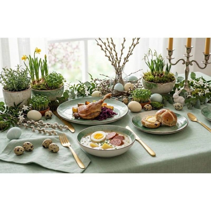 Serwis obiadowy porcelanowy GierekHoff Giada 18 elementów zestaw talerzy dla 6 osób zielony nakrapiany 1220