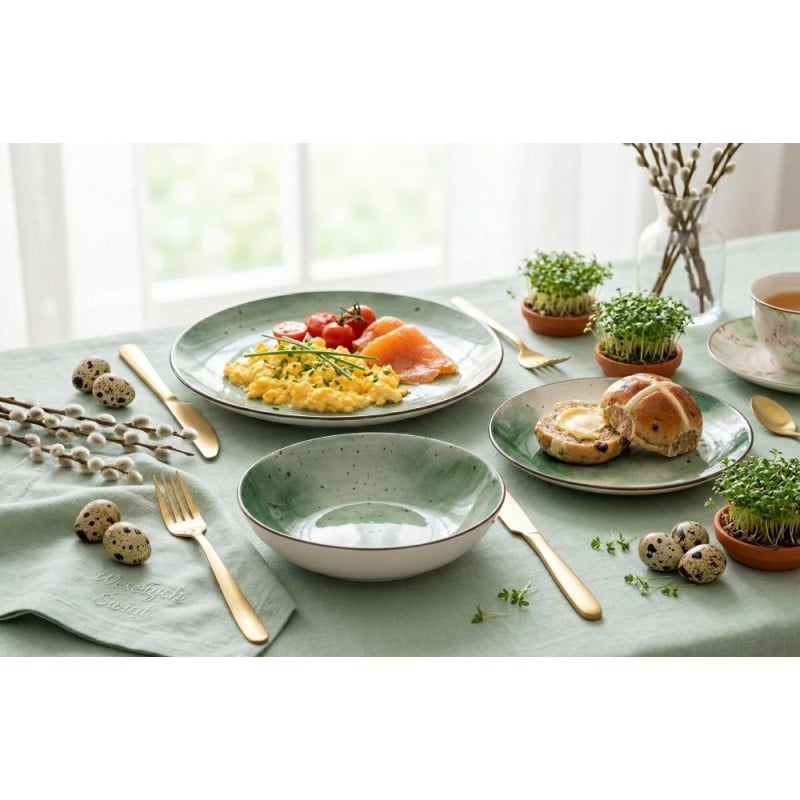 Serwis obiadowy porcelanowy GierekHoff Giada 18 elementów zestaw talerzy dla 6 osób zielony nakrapiany 1220