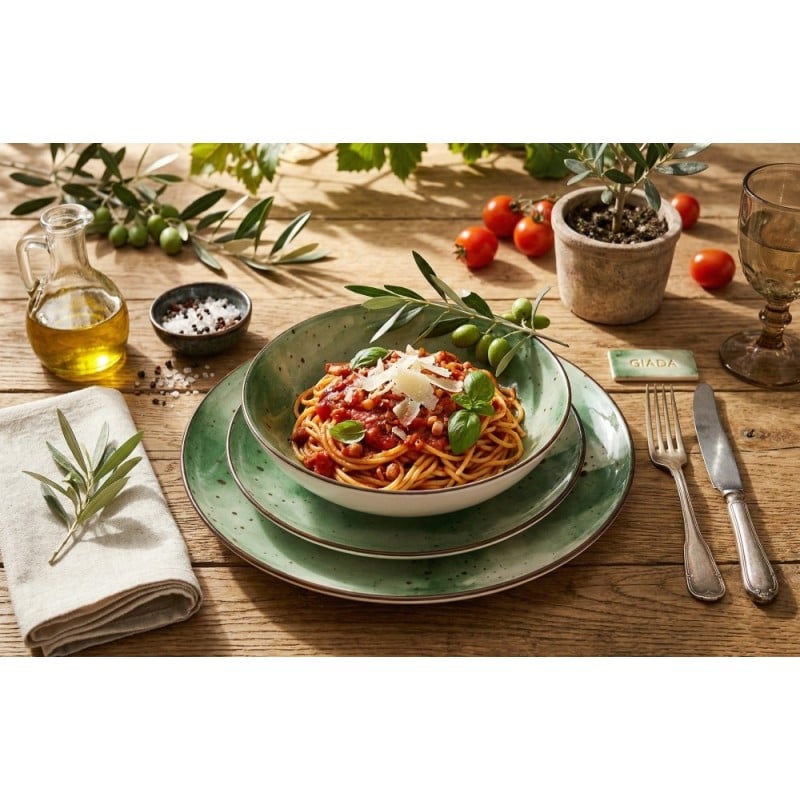 Serwis obiadowy porcelanowy GierekHoff Giada 18 elementów zestaw talerzy dla 6 osób zielony nakrapiany 1220