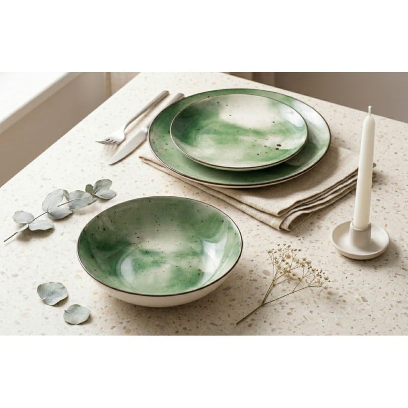 Serwis obiadowy porcelanowy GierekHoff Giada 18 elementów zestaw talerzy dla 6 osób zielony nakrapiany 1220