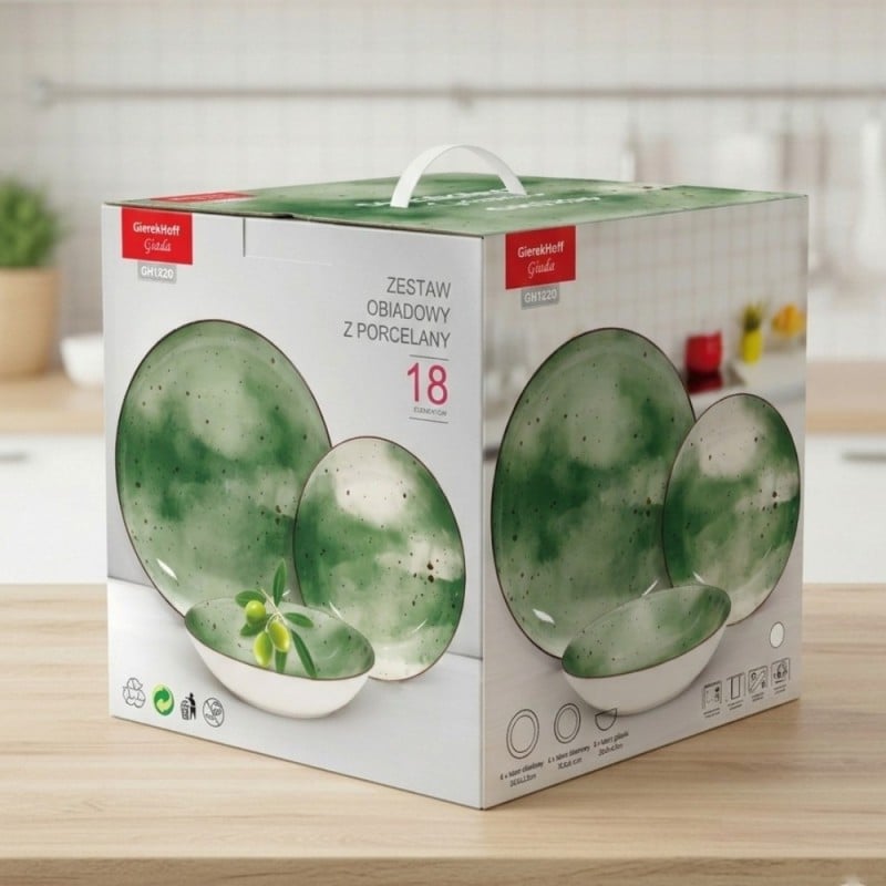 Serwis obiadowy porcelanowy GierekHoff Giada 18 elementów zestaw talerzy dla 6 osób zielony nakrapiany 1220