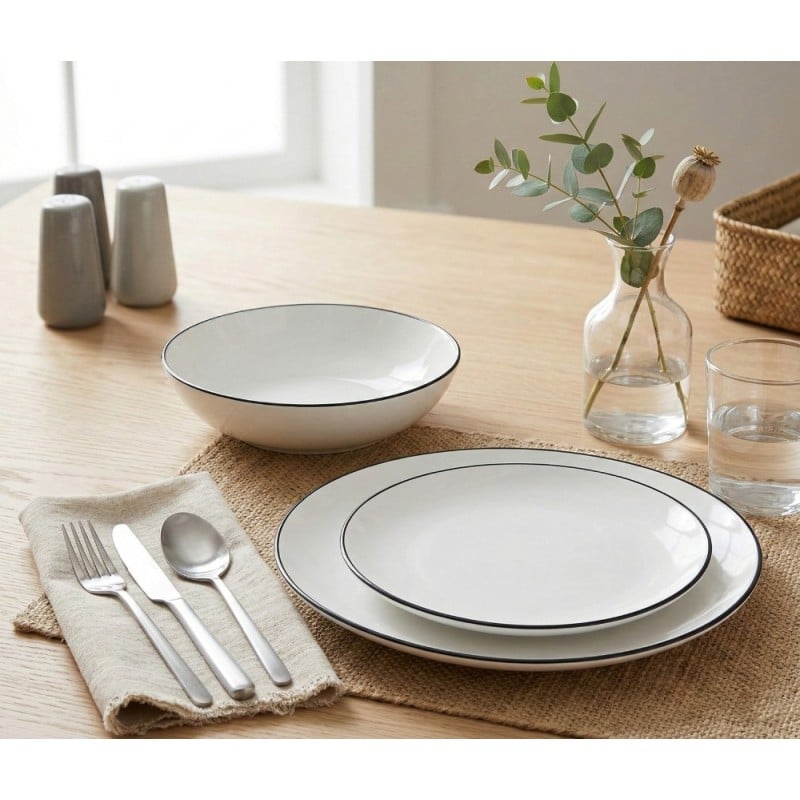 Serwis obiadowy porcelanowy GierekHoff Linea 18 elementów zestaw talerzy dla 6 osób białe z czarnym paskiem 1218