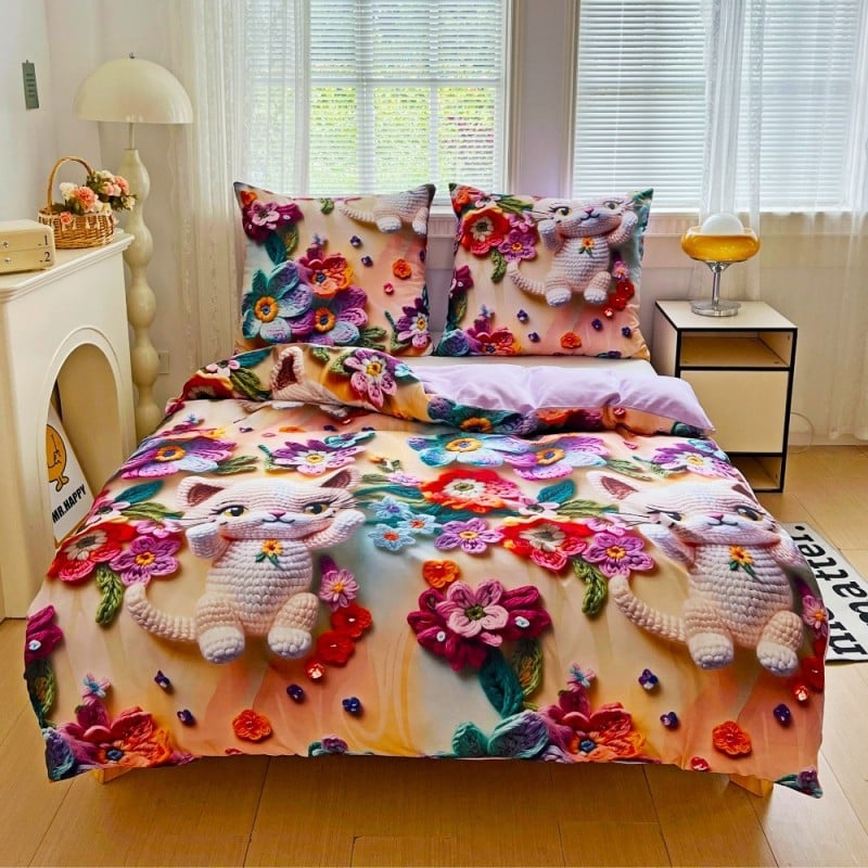 Pościel 200x220 bawełna satynowa wzór 5D dwustronna GierekHoff gruba 3 części GH 3115 dziergany kot