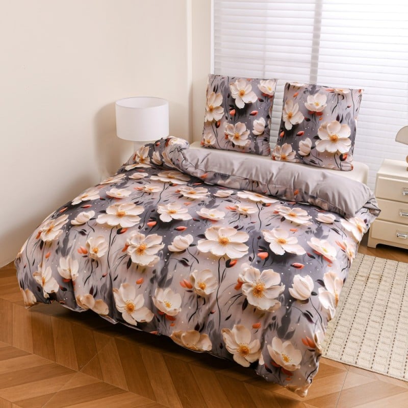 Pościel 160x200 bawełna satynowa wzór 5D dwustronna GierekHoff gruba 3 części GH 3119 kwiaty na szarym tle