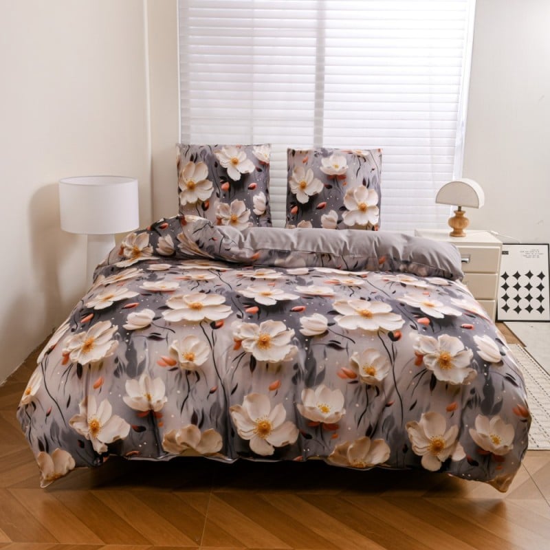 Pościel 160x200 bawełna satynowa wzór 5D dwustronna GierekHoff gruba 3 części GH 3119 kwiaty na szarym tle