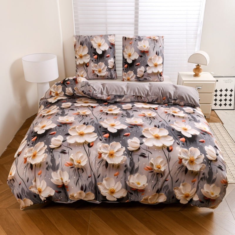 Pościel 200x220 bawełna satynowa wzór 5D dwustronna GierekHoff gruba 3 części GH 3119 kwiaty na szarym tle