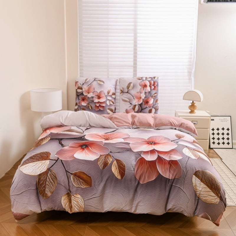 Pościel 140x200 bawełna satynowa wzór 5D dwustronna GierekHoff gruba 2 części GH 3123 Pudrowy Ogród