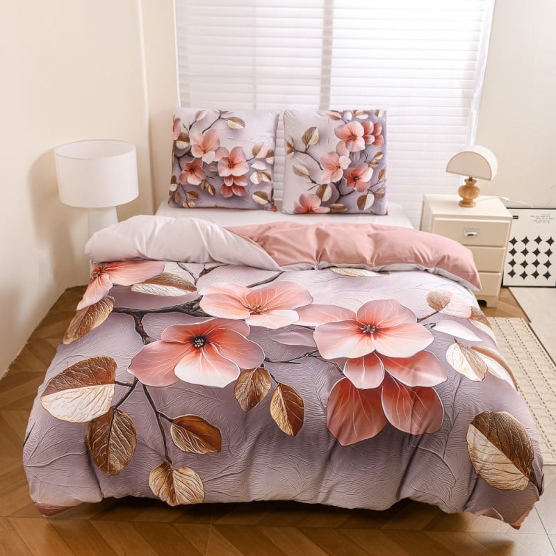 Pościel 160x200 bawełna satynowa wzór 5D dwustronna GierekHoff gruba 3 części GH 3123 Pudrowy Ogród