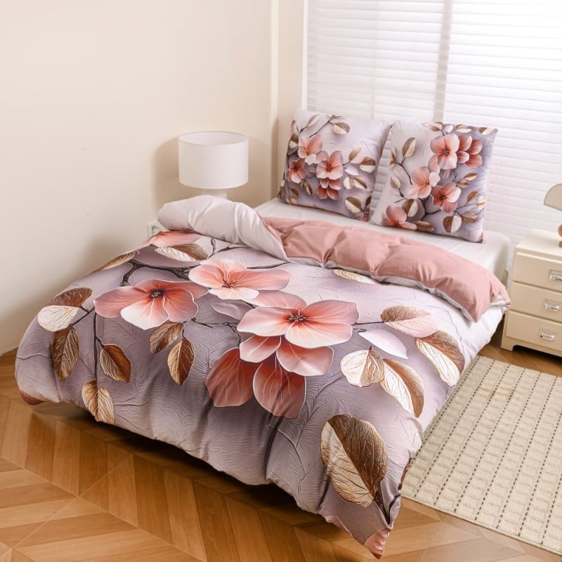 Pościel 220x200 bawełna satynowa wzór 5D dwustronna GierekHoff gruba 3 części GH 3123 Pudrowy Ogród