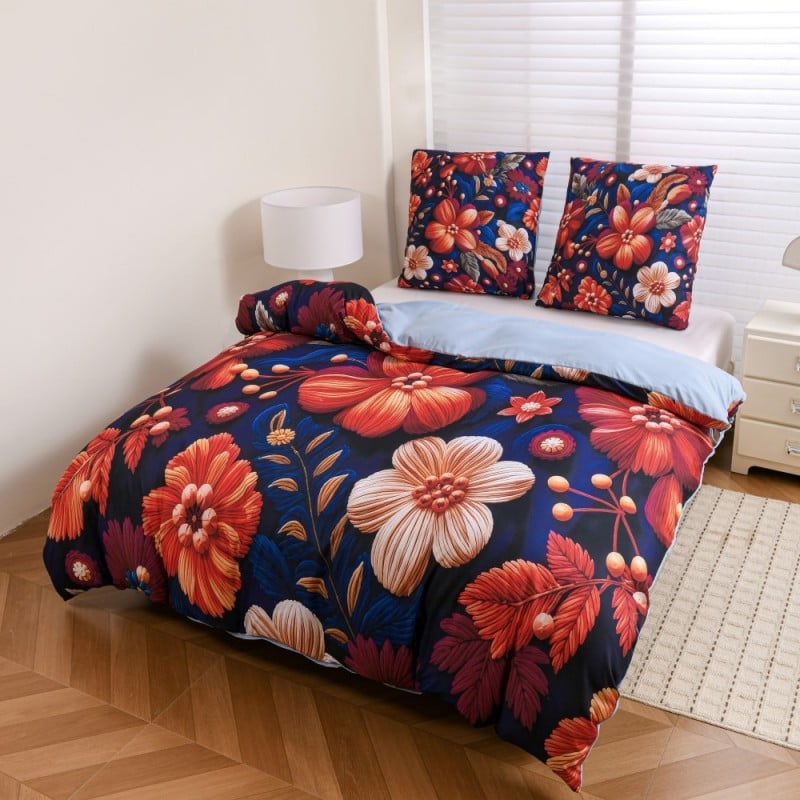 Pościel 200x220 bawełna satynowa wzór 5D dwustronna GierekHoff gruba 3 części GH 3129 Atramentowa Flora