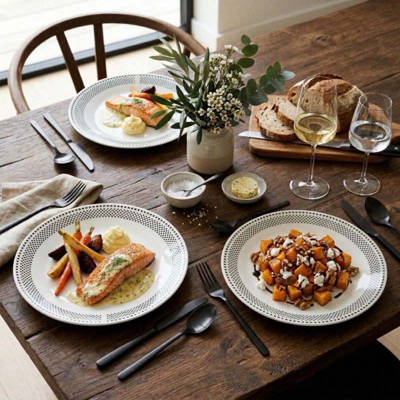 Serwis obiadowy porcelana 19 elementów Bella Fiore białe talerze miska dla 6 osób wzór kropki