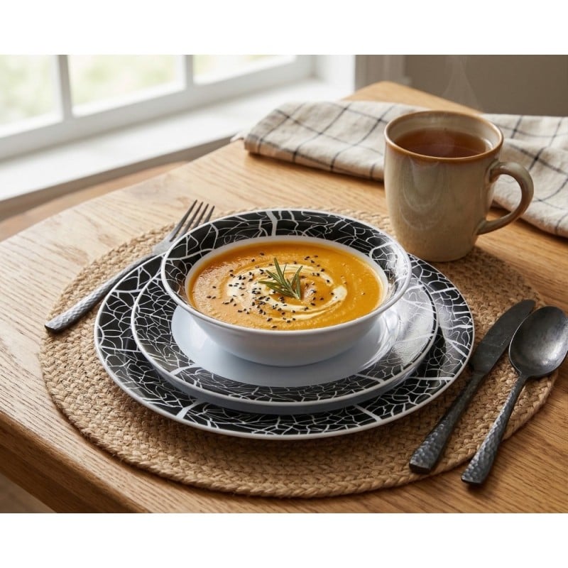 Serwis obiadowy 18 elementów GierekHoff Aura Mystery białe talerze dla 6 osób wzór czarna mozaika GH 1216