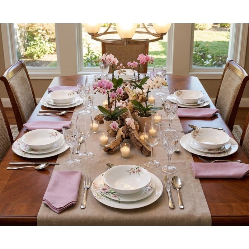 Serwis obiadowy 18 elementów GierekHoff Aura Pure białe talerze dla 6 osób wzór kwiaty storczyk GH 1217