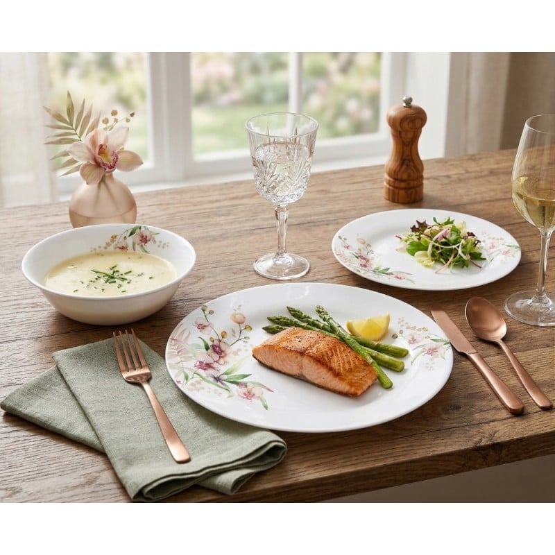 Serwis obiadowy 18 elementów GierekHoff Aura Pure białe talerze dla 6 osób wzór kwiaty storczyk GH 1217
