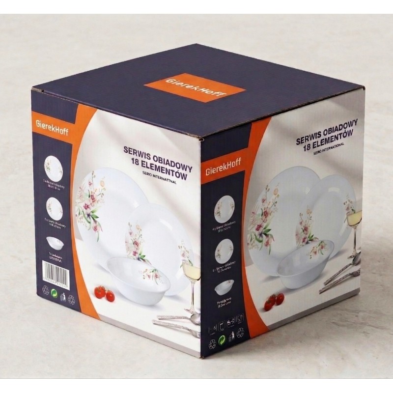 Serwis obiadowy 18 elementów GierekHoff Aura Pure białe talerze dla 6 osób wzór kwiaty storczyk GH 1217