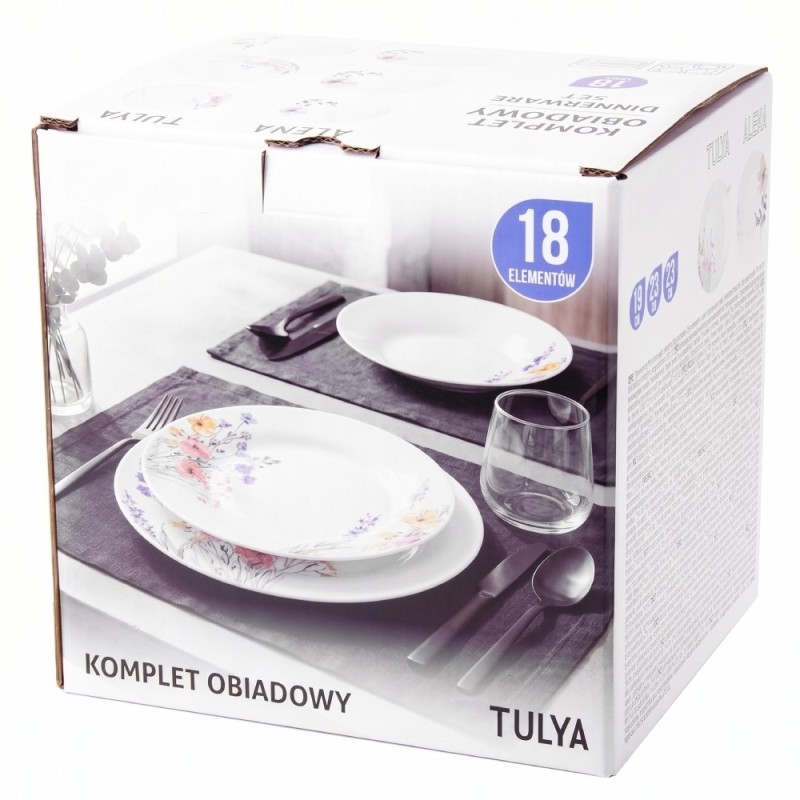 Serwis obiadowy porcelanowy 18 elementów Tulya białe talerze dla 6 osób wzór polne kwiaty
