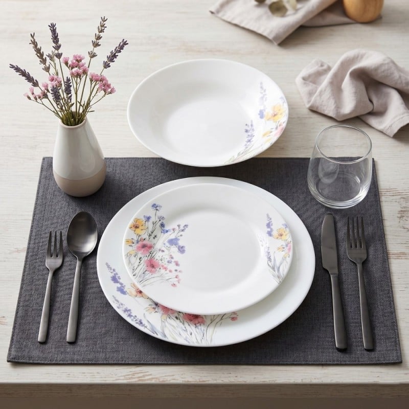 Serwis obiadowy porcelanowy 18 elementów Tulya białe talerze dla 6 osób wzór polne kwiaty