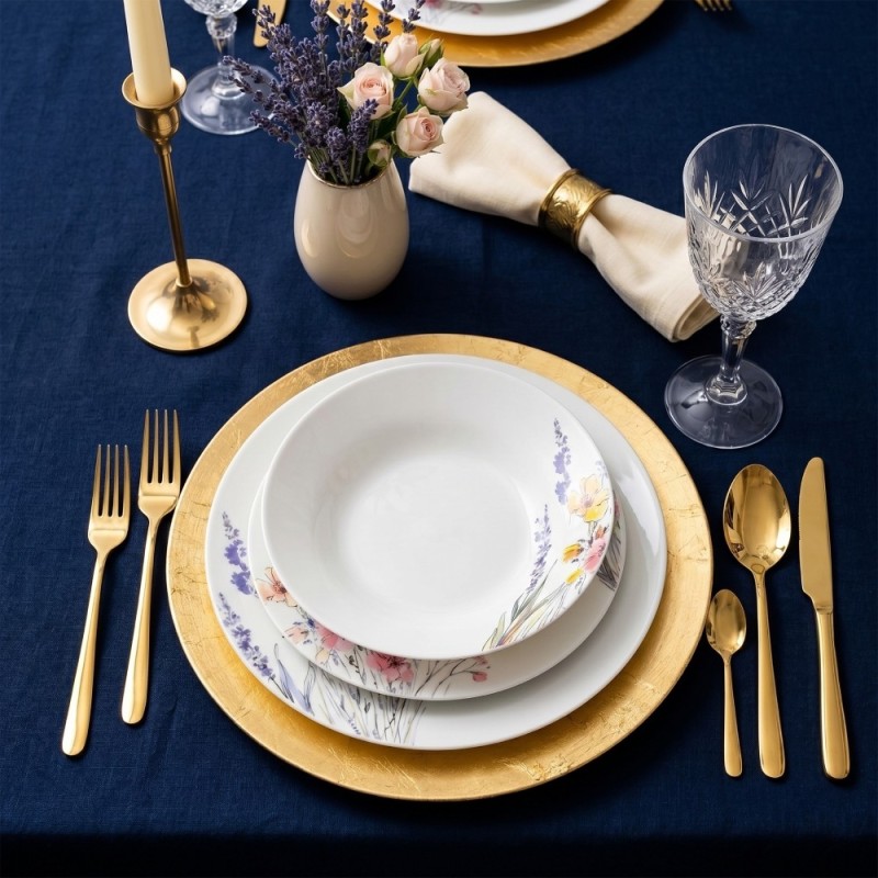 Serwis obiadowy porcelanowy 18 elementów Tulya białe talerze dla 6 osób wzór polne kwiaty