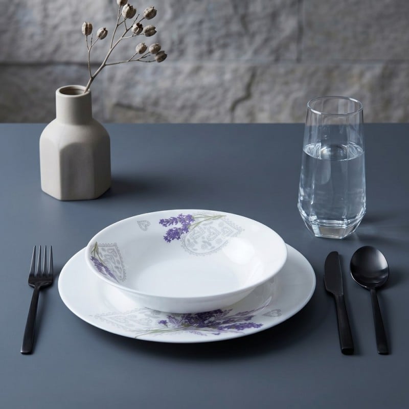 Serwis obiadowy 18 elementów Esmene białe talerze dla 6 osób wzór lawenda