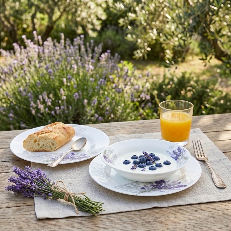 Serwis obiadowy 18 elementów Esmene białe talerze dla 6 osób wzór lawenda