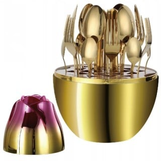 Komplet sztućców stal nierdzewna połysk róż z złotem Rosa Bella zestaw 24 elementy organizer kwiat jajko RB 732