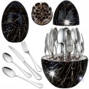 Komplet sztućców stal nierdzewna połysk czarny marmur Rosa Bella zestaw 24 elementy organizer kwiat jajko RB 730