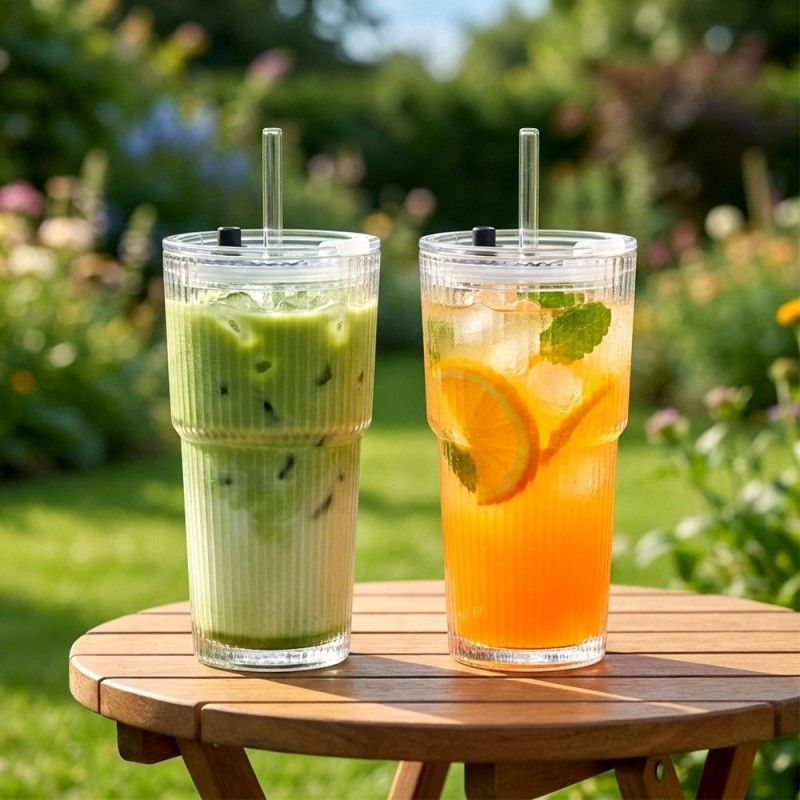 Kubek szklany do napojów z pokrywką i słomką 540 ml Florina Vetrino podróżny szklanka ryflowana