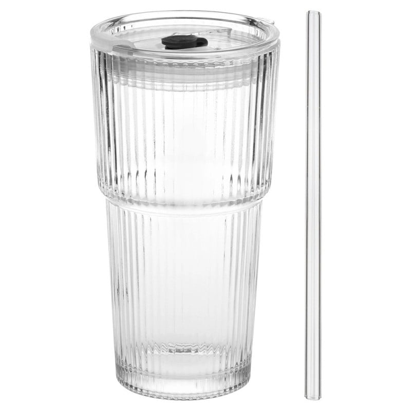 Kubek szklany do napojów z pokrywką i słomką 540 ml Florina Vetrino podróżny szklanka ryflowana