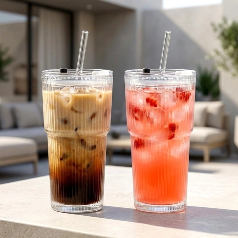 Kubek szklany do napojów z pokrywką i słomką 540 ml Florina Vetrino podróżny szklanka ryflowana