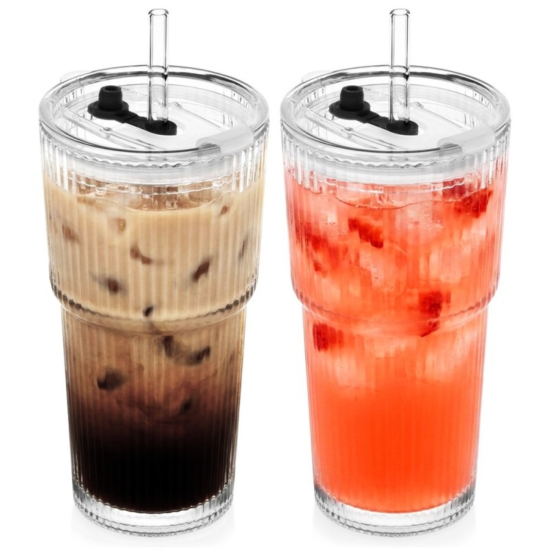 Kubek szklany do napojów z pokrywką i słomką 540 ml Florina Vetrino podróżny szklanka ryflowana