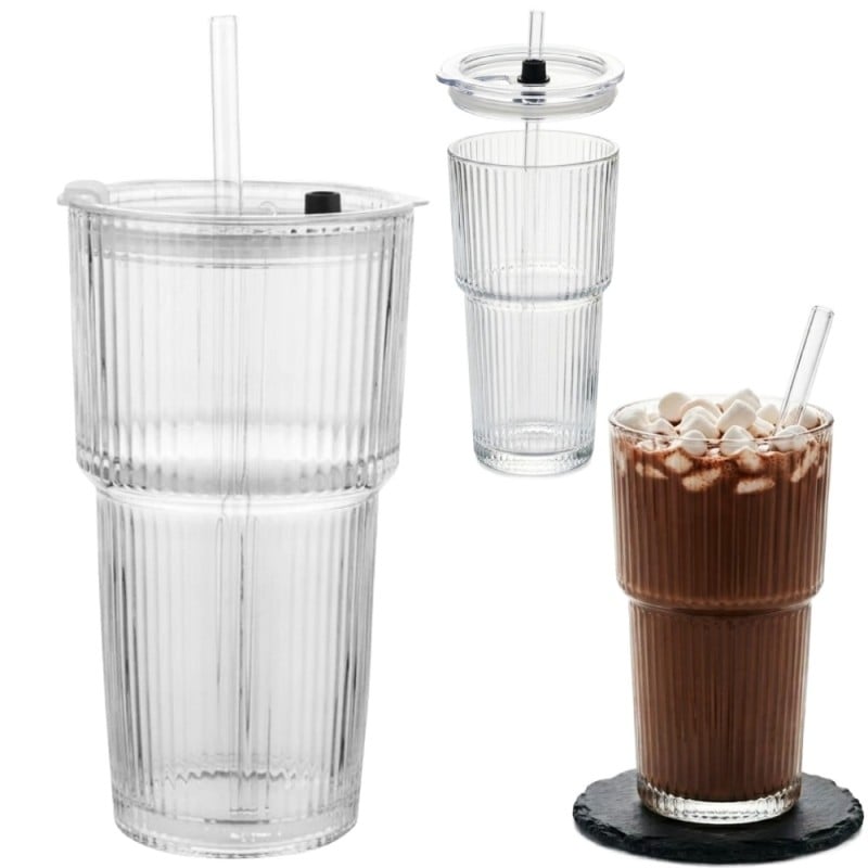 Kubek szklany do napojów z pokrywką i słomką 540 ml Florina Vetrino podróżny szklanka ryflowana