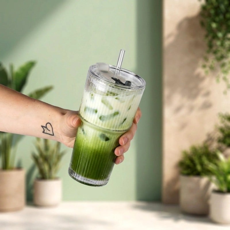 6 x Kubek szklany do napojów z pokrywką i słomką 540 ml Florina Vetrino podróżny szklanka ryflowana zestaw 6 szklanek