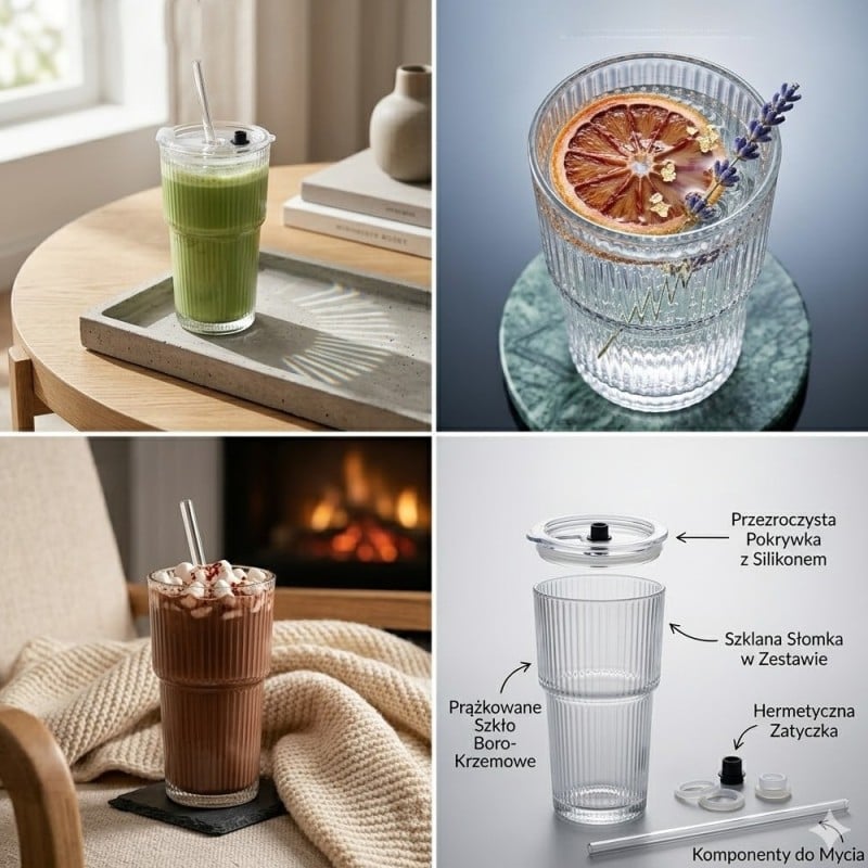 6 x Kubek szklany do napojów z pokrywką i słomką 540 ml Florina Vetrino podróżny szklanka ryflowana zestaw 6 szklanek