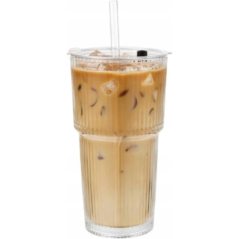 6 x Kubek szklany do napojów z pokrywką i słomką 540 ml Florina Vetrino podróżny szklanka ryflowana zestaw 6 szklanek