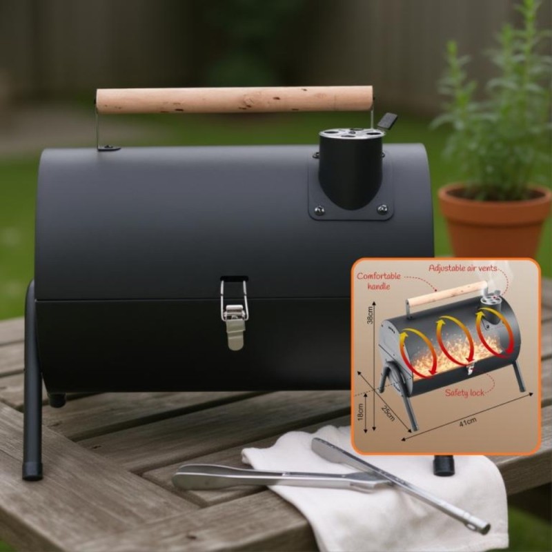 Grill węglowy ogrodowy w kształcie beczki przenośny turystyczny z rączką KINGHoff