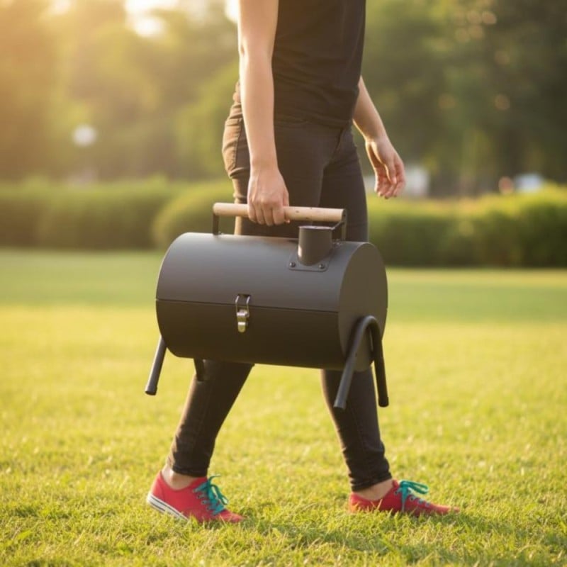 Grill węglowy ogrodowy w kształcie beczki przenośny turystyczny z rączką KINGHoff