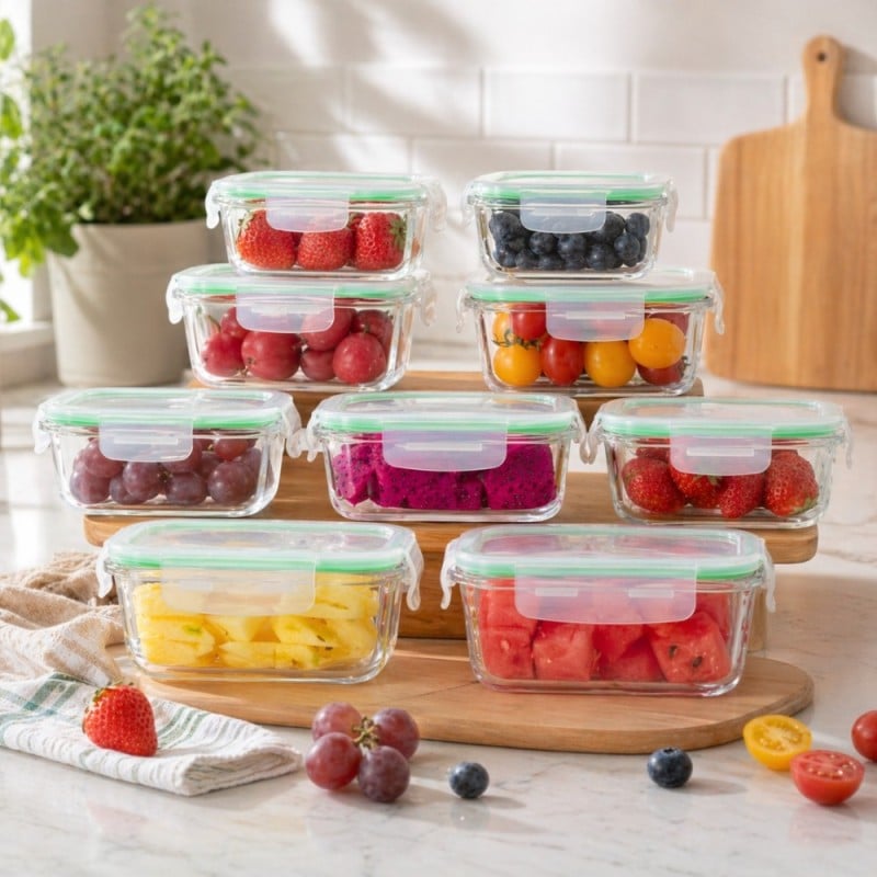 Pojemniki szklane zestaw 9 sztuk lunchbox GierekHoff Corio do przechowywania żaroodporne hermetyczne GH 1110