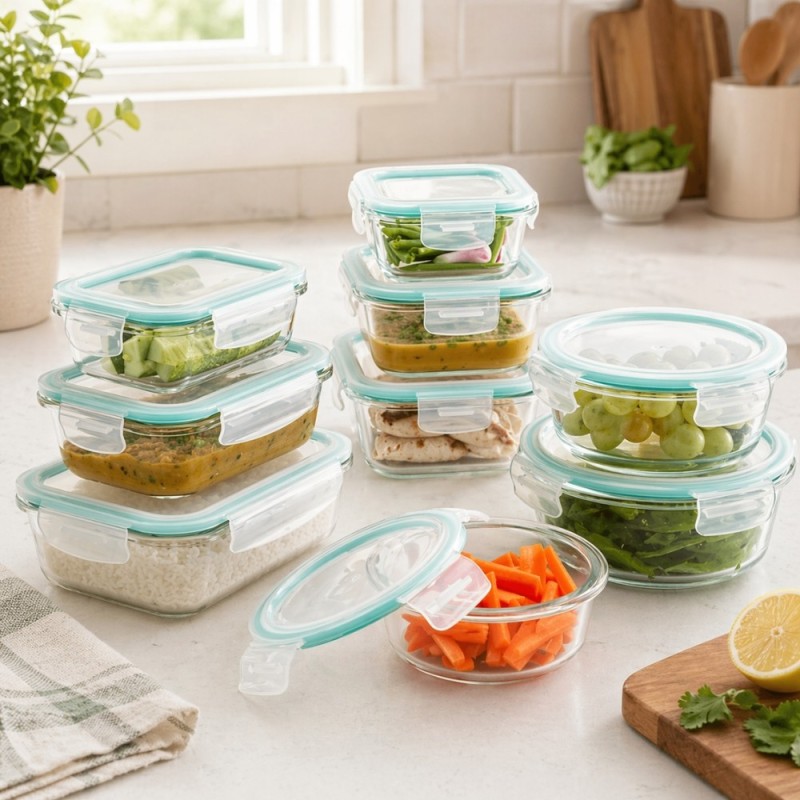 Pojemniki szklane zestaw 9 sztuk lunchbox GierekHoff Corio do przechowywania żaroodporne hermetyczne GH 1110