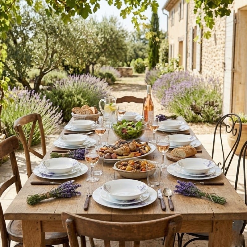 Serwis obiadowy 36 elementów Esmene białe talerze dla 12 osób wzór lawenda