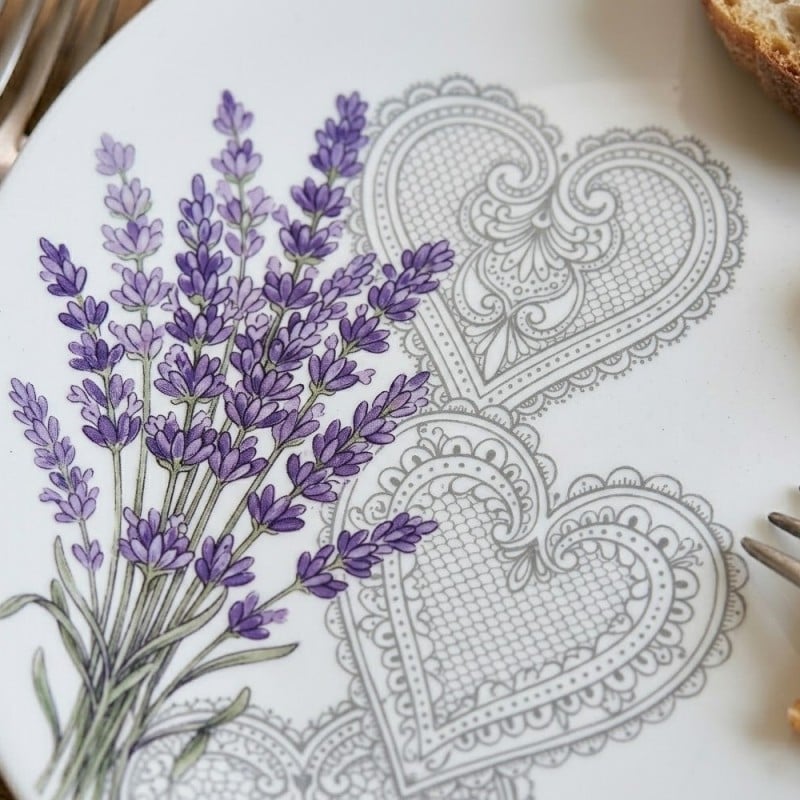 Serwis obiadowy 36 elementów Esmene białe talerze dla 12 osób wzór lawenda