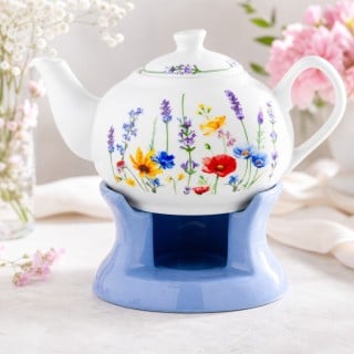 Dzbanek porcelanowy z niebieskim podgrzewaczem biały imbryk w kwiaty do zaparzania herbaty 1L ODELO SOLEY OD2960 Delhan
