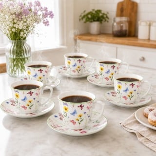 Serwis kawowy porcelanowy filiżanki ze spodkiem do kawy i herbaty 250 ml Motyw Motyli OD2970 Delhi