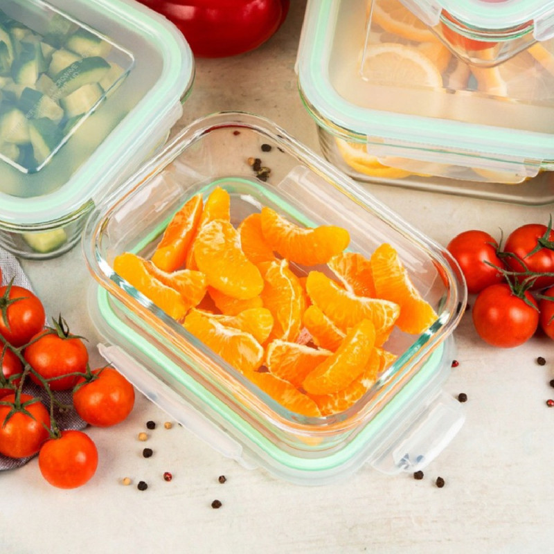 Pojemniki szklane prostokątne lunchbox GierekHoff Corio GH 1114 zestaw 4 sztuki żaroodporne hermetyczne 1050/640/370/200 ml