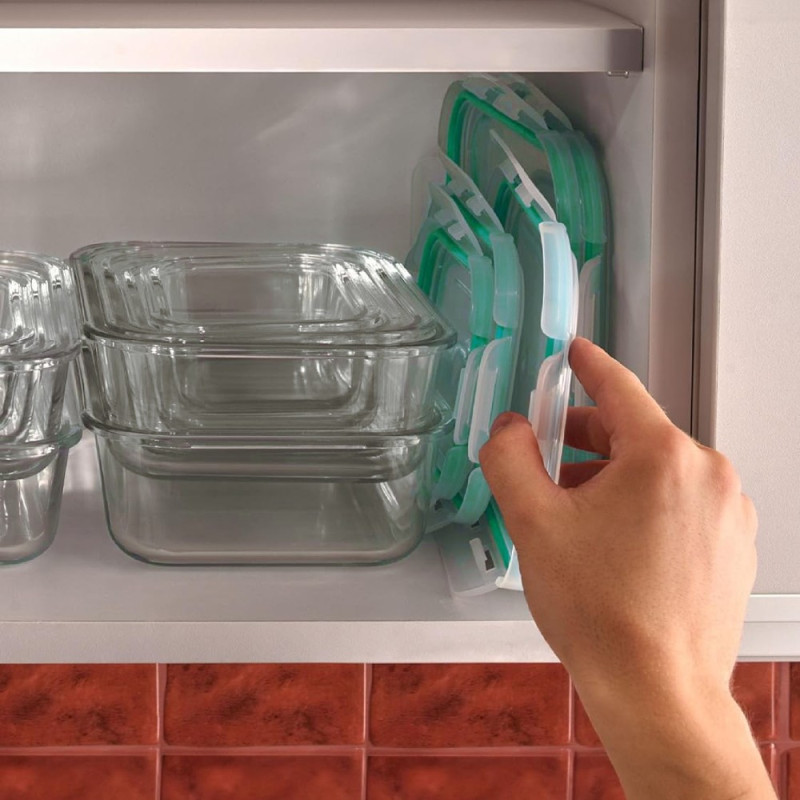 Pojemniki szklane prostokątne lunchbox GierekHoff Corio GH 1114 zestaw 4 sztuki żaroodporne hermetyczne 1050/640/370/200 ml