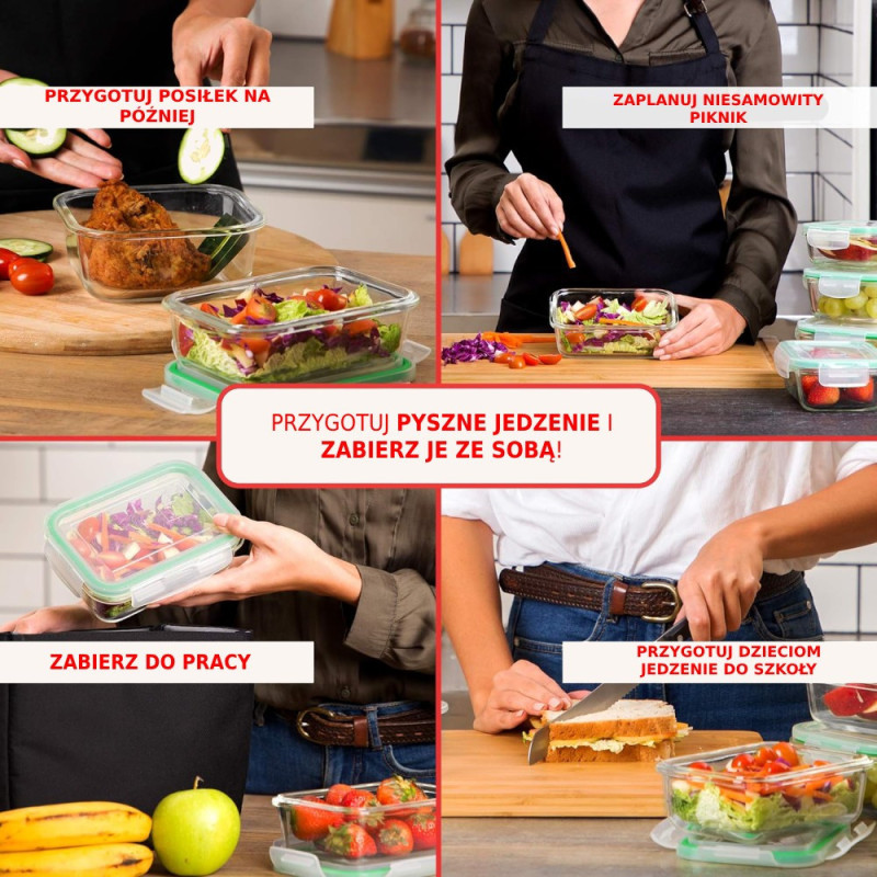 Pojemniki szklane prostokątne lunchbox GierekHoff Corio GH 1114 zestaw 4 sztuki żaroodporne hermetyczne 1050/640/370/200 ml